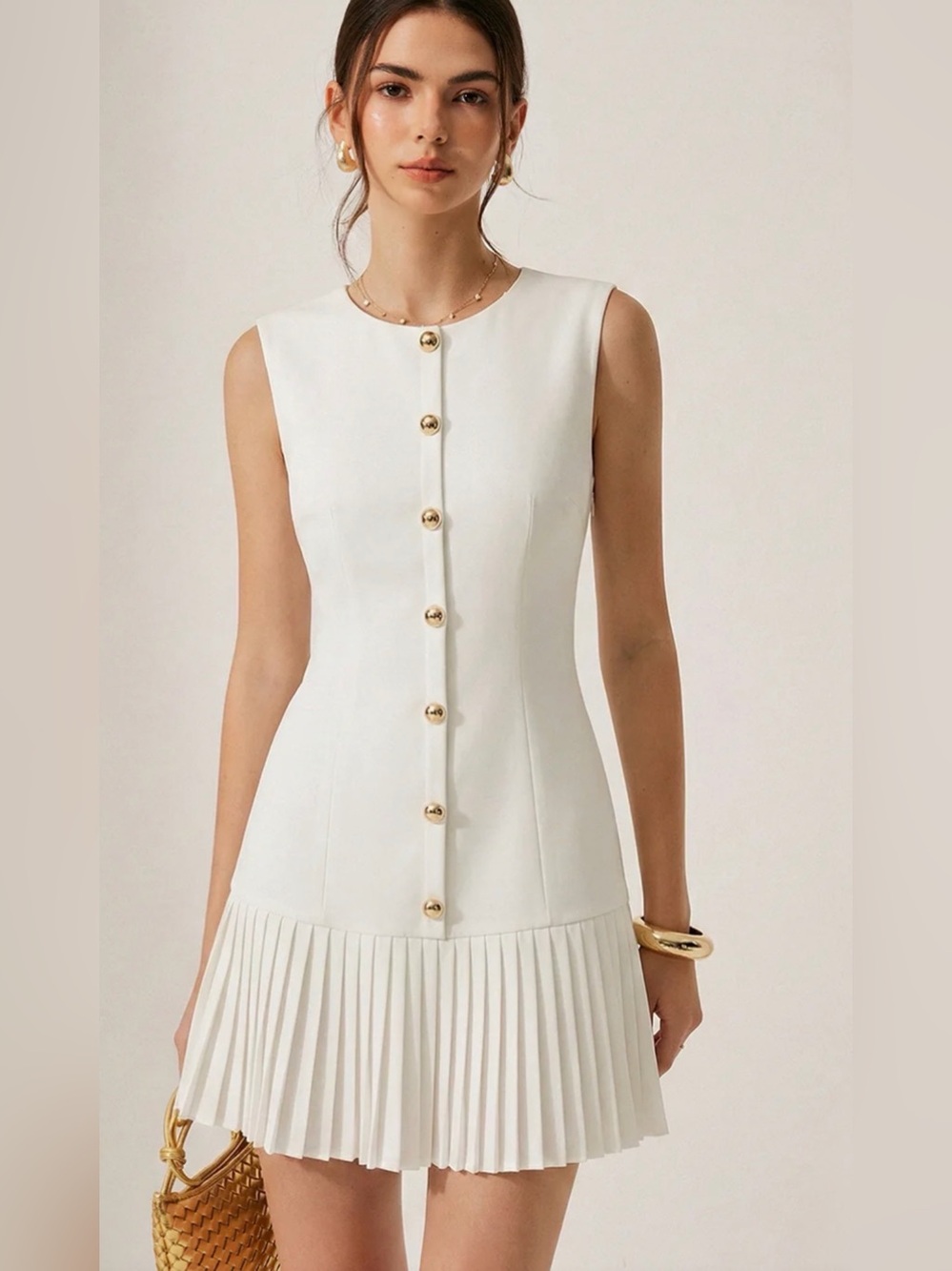 Commense White Sleeveless Button-Front Pleated Mini Dress